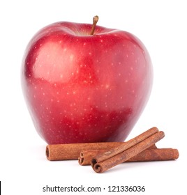 Red Apple And  Cinnamon Sticks  Isolated On White Cutout