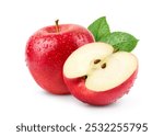 Red apple with cut in half and water droplets isolated on white background.