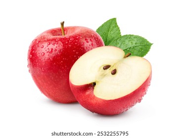 Red apple with cut in half and water droplets isolated on white background.