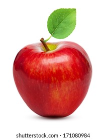 Red Apple Fruit With Leaf Isolated