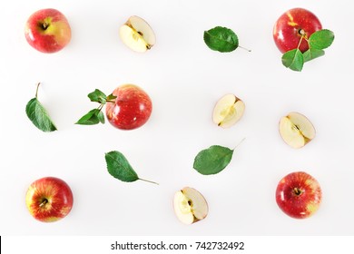 Red Apple Fruits On White. Pattern With Apples Flat Lay. Camera Above The Background.