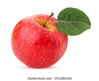 Red apple with green leaf isolated on white background. Clipping Path.