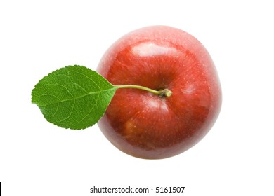 Red Apple With Green Leaf Isolated On White. The Top View