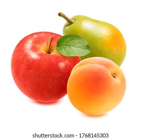 Red apple, green pear and apricot isolated on white background. Package design element with clipping path