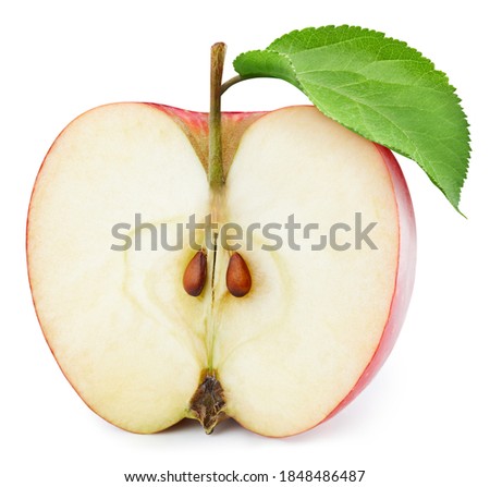Red apple half. Fresh organic apple with leaves isolated on white background. Apple with clipping path. High End Retouching