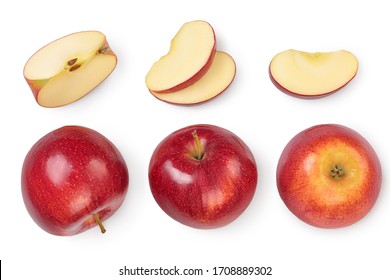 Red apple with half isolated on white background with clipping path and full depth of field. Top view. Flat lay. Set or collection