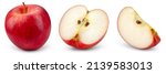 Red apple isolated. Whole apple, half and a slice on white background. Red appl set with clipping path. Full depth of field.