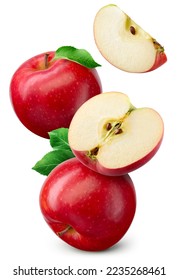 Red apple isolated. Whole, half and apple slice flying on white background. Red apples with leaves are falling. Full depth of field. - Shutterstock ID 2235268461