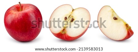 Red apple isolated. Whole apple, half and a slice on white background. Red appl set with clipping path. Full depth of field.
