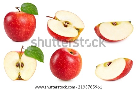Red apple with leaves on the white background. Apple collection isolated clipping path. Red apple macro studio photo