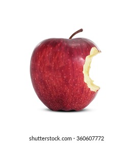 Red apple with missing a bite isolated on white background