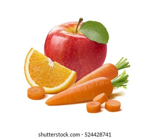 Red Apple, Orange Citrus And Carrot Isolated On White Background As Package Design Element