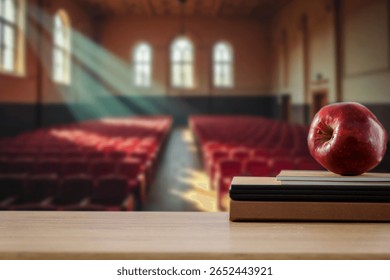 Red apple placed on stack of books on classroom or lecture hall desk with blurred academic background. Themes of education, learning, knowledge, and student lifestyle.