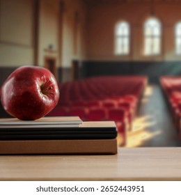 Red apple placed on stack of books on classroom or lecture hall desk with blurred academic background. Themes of education, learning, knowledge, and student lifestyle.