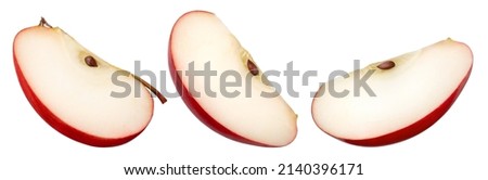 Red apple slice isolated. Set of top view cut apples on white background. Red appl piece with clipping path. Flat design. Full depth of field.