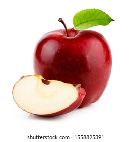 Red apple with slice and leaf isolated on white background