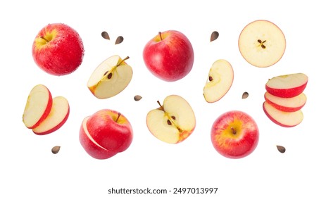 Red apple with slices collection pattern isolated on white background. Clipping path.