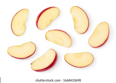 Red apple slices isolated on white background with clipping path and full depth of field. Top view. Flat lay