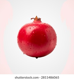 Red apple with stem and three green leaves on white background