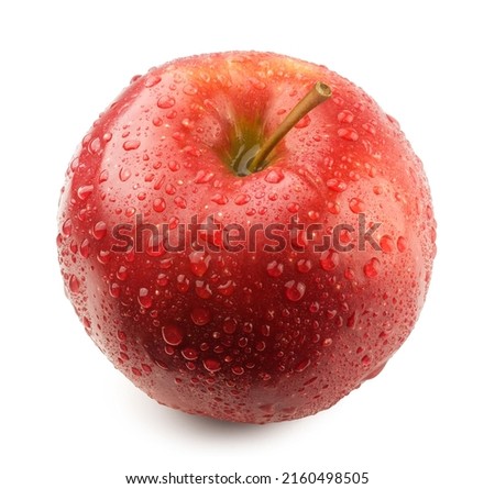 Red apple in water drops on a white background. Fresh fruits.