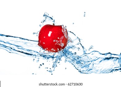 Red Apple And Water Splash Isolated On White