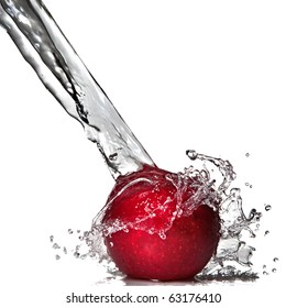 Red Apple And Water Splash Isolated On White