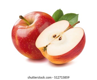 Red apple whole and halves piece isolated on white background 
