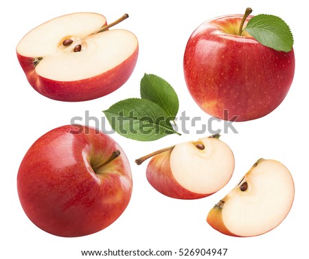 Red apple whole pieces set isolated on white background as package design element