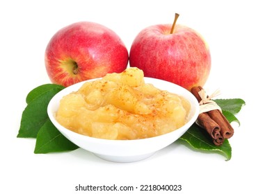 Red Apples And Apple Sauce On White Background, Isolated.