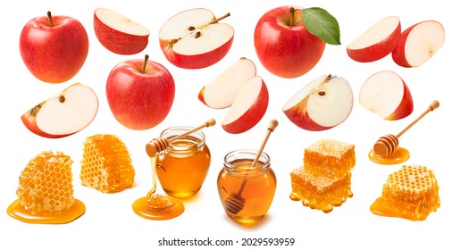 Red apples and honey isolated on white background. Jewish New Year celebration set. Package design elements with clipping path - Powered by Shutterstock