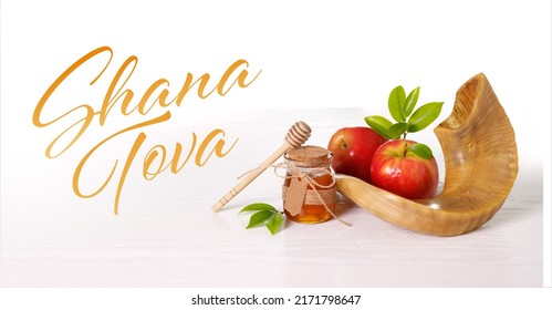Red apples, Shofar (horn),  honey on white background, Rosh hashanah (jewish New Year holiday). Yom kippur concept. - Powered by Shutterstock