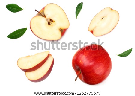 red apples with slices isolated on white background. top view