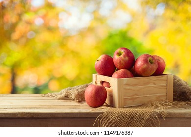 Red Apples In Wooden Box On Table. Autumn And Fall Harvest Background