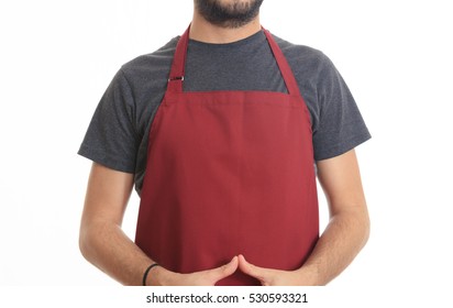 Red Apron. Young Man Wearing A Red Apron Isolated On White Background