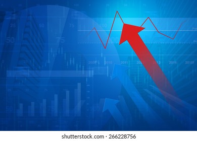 Red arrow head with Financial chart and graphs on city background, growth business