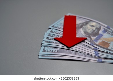 A red arrow pointing downwards on top of a pile of US dollar bills. Economic recession, financial decline, economic downturn, stock market drop concept. - Powered by Shutterstock