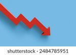 Red Arrow sign pointing downwards. Concept of loss and stock market crash, isolated on blue background
