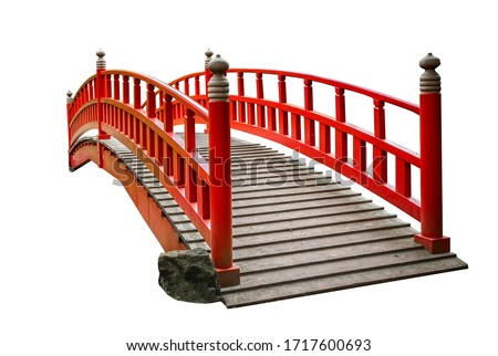 Red asian style wooden foot bridge isolated on white background