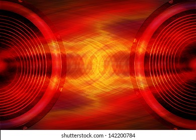 Red audio speakers sound waves background