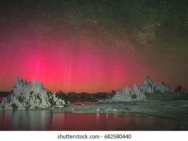 Red Aurora (Northern Lights) over Mono Lake in a rare display