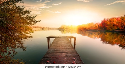 Red Autumn And Fishing Pier