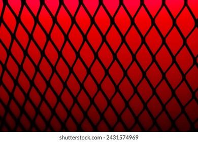 Red background of wavy red metallic grid with holes. Metal mesh as background. Perforated metal back.