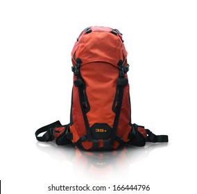 Red backpack isolated on white studio background - Shutterstock ID 166444796