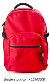 Red backpack standing isolated on white background - Shutterstock ID 153470084