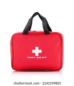 Red bag with first aid kit isolated on white background
				