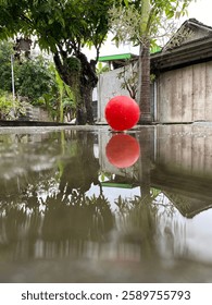 red ball that will fall into a puddle, reflection of a puddle of rain water. February 24, 2025, Tokyo - Japan