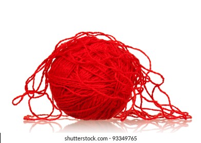 Red Ball Of Yarn For Knitting Isolated On White Background