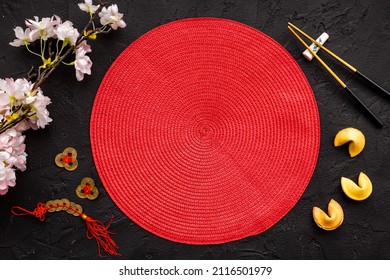 Red Bamboo Mat Mock Up For Chinese New Year Tabble Place Setting