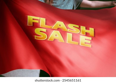 Red banner with bold yellow 'Flash Sale' text. Flash Sale sign waving. Bright Flash Sale banner. Flash Sale promotion on a vibrant red background. - Powered by Shutterstock