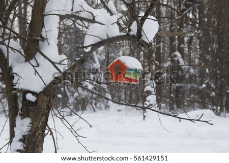 Red barn birdhouse snow covered in winter forest